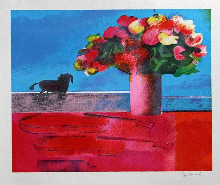GUIRAMAND Paul - Originale Print - Lithography - The bouquet with the dog and the violin