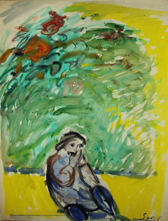Robert SAVARY - Original painting - Gouache - The old man with the harmonica