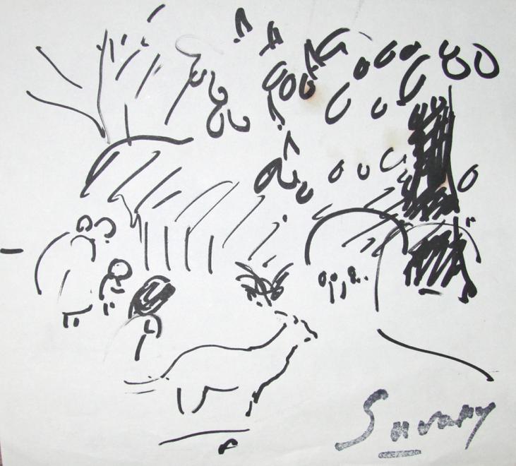 Robert SAVARY - Original drawing - Felt - The children and the dog
