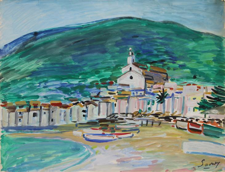 Robert SAVARY - Original painting - Gouache - The beach at the white church