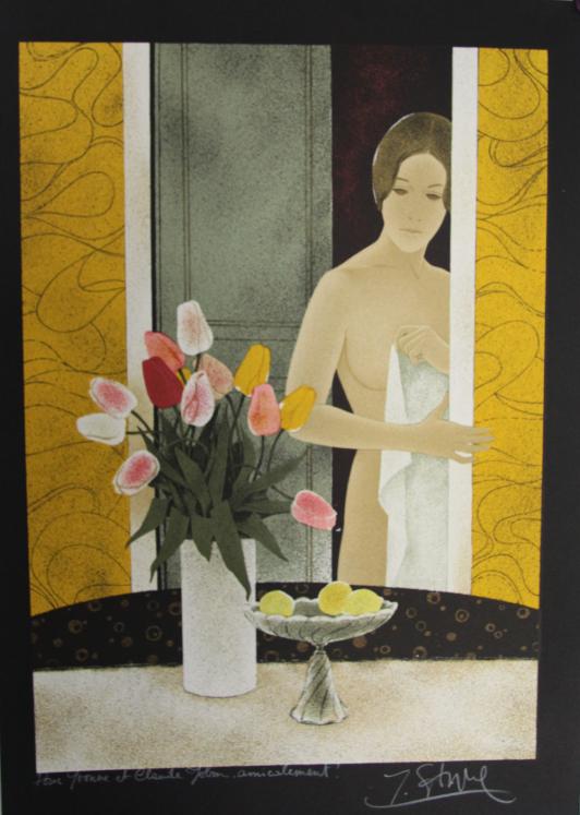 GANNE Yves - Original print - Lithograph - Young naked woman with tulips