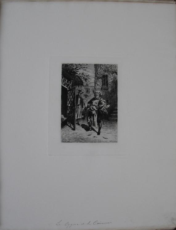 Henri RIBALLIER - Original print - Etching - The swan and the cook of La Fontaine