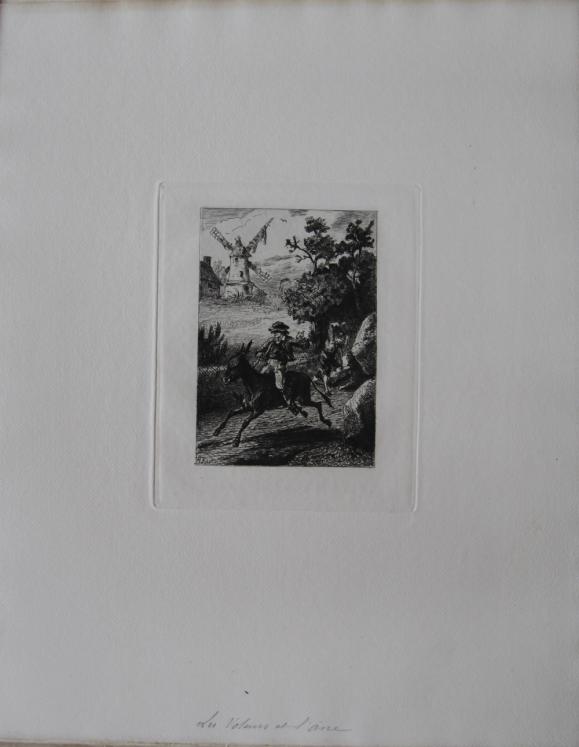 Henri RIBALLIER - Original print - Etching - The thieves and the donkey of La Fontaine