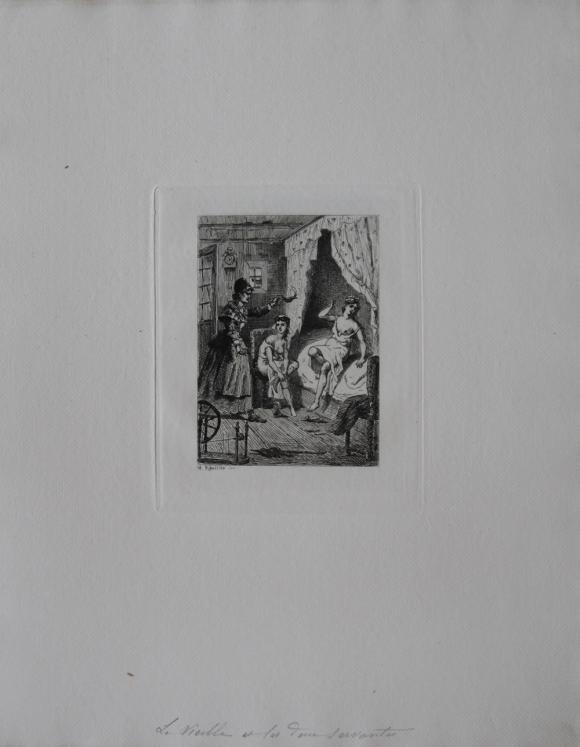 Henri RIBALLIER - Original print - Etching - The old woman and her two maids of La Fontaine