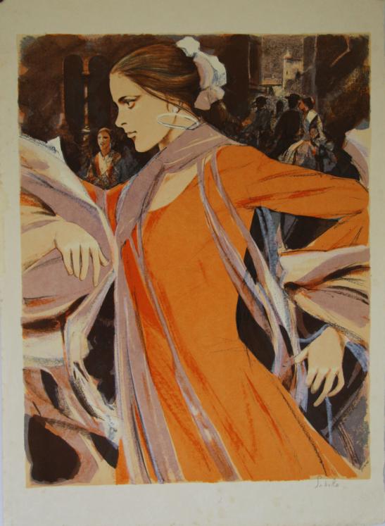 Saito SABURO - Original print - Lithograph - Spanish woman in orange dress