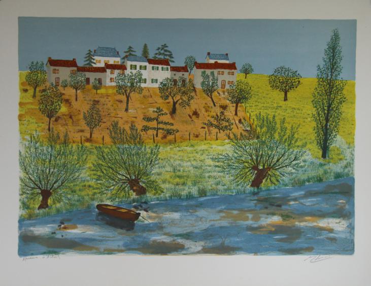 Maurice LOIRAND - Original print - Lithograph - Village at the water's edge