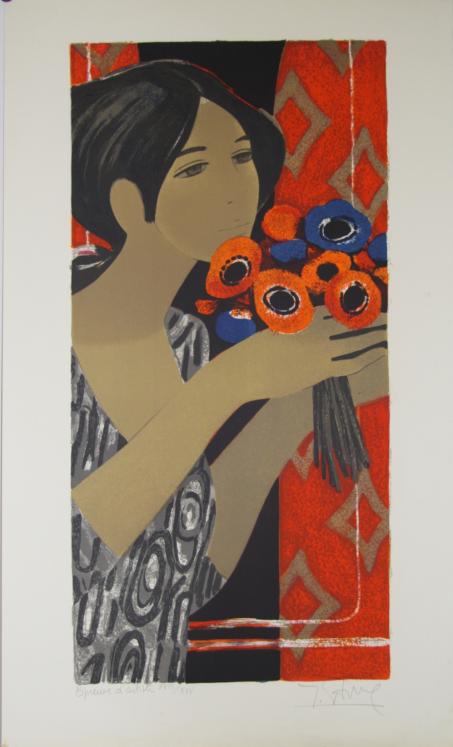 GANNE Yves - Original print - Lithograph - Young woman with bouquet 2
