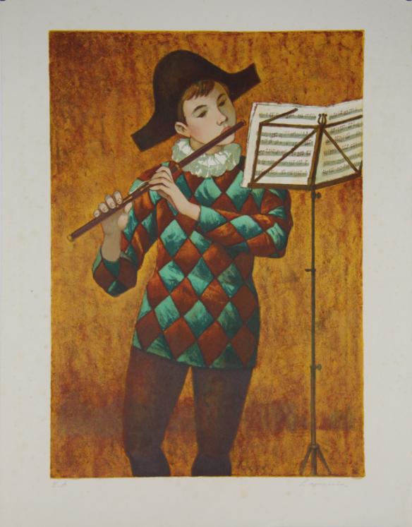 LAVERNIA Angelina - Original print - Lithograph - Harlequin with flute