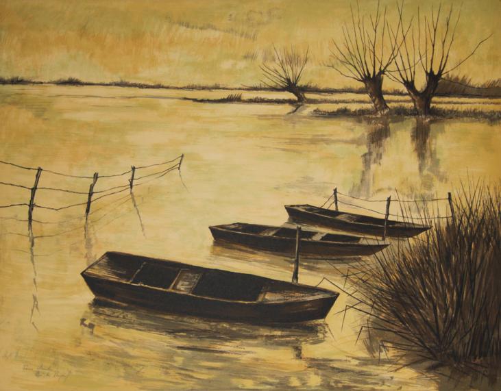 Eric PEYROL - Original print - Lithography - Boats in the swamp