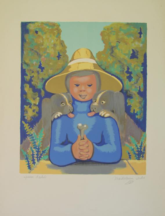 Madeleine LUKA - Original print - Lithograph - Young boy with dogs