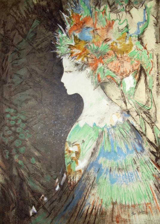 Isa CELINI - Original print - Lithograph - Young peacock woman