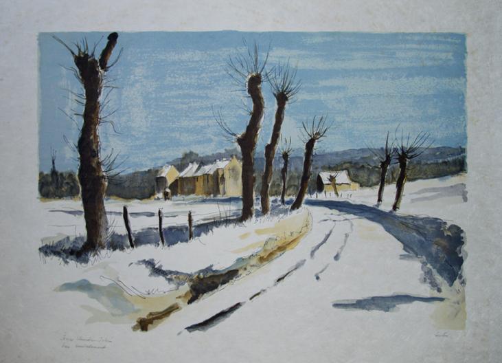 Pierre COURTOIS - Original print - Lithograph - Snowy road
