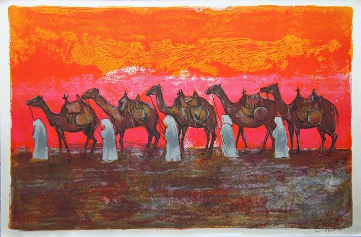 Nathalie CHABRIER - Original print - Lithograph - Sunset over the caravan