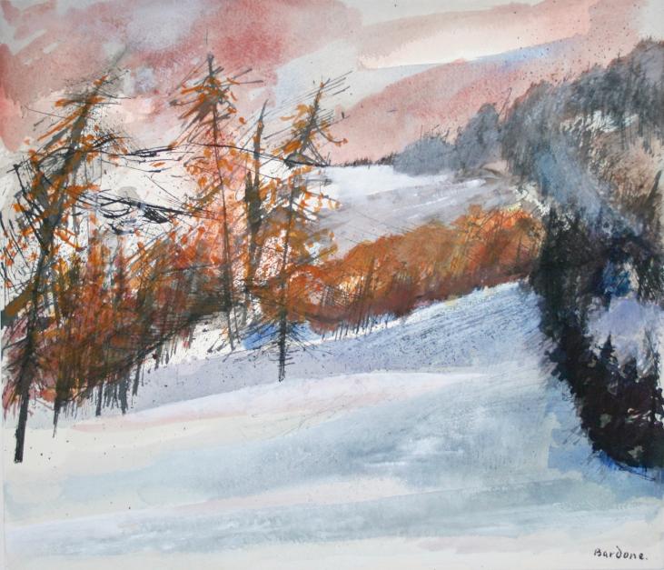 Guy Bardone - Original Painting - Watercolour - Snow in the pink sky of the Jura
