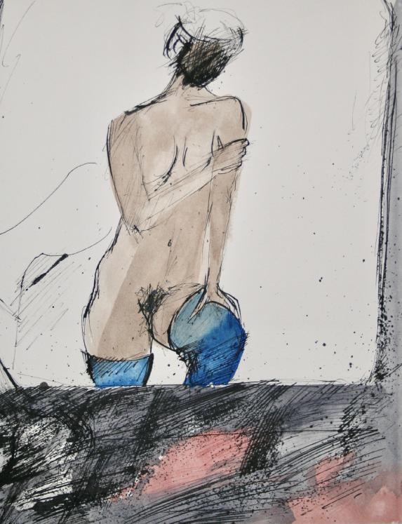 Guy Bardone - Original Painting - Watercolour - Naked in blue stockings