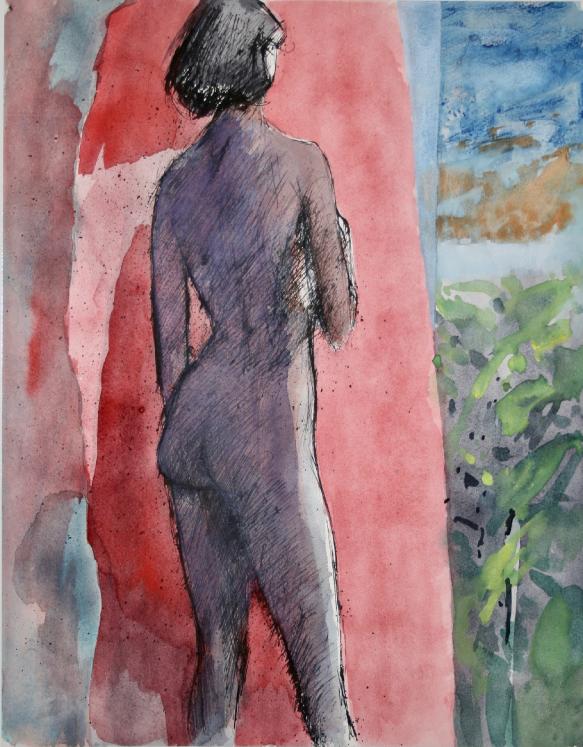 Guy Bardone - Original Painting - Watercolour - Naked with a pink curtain