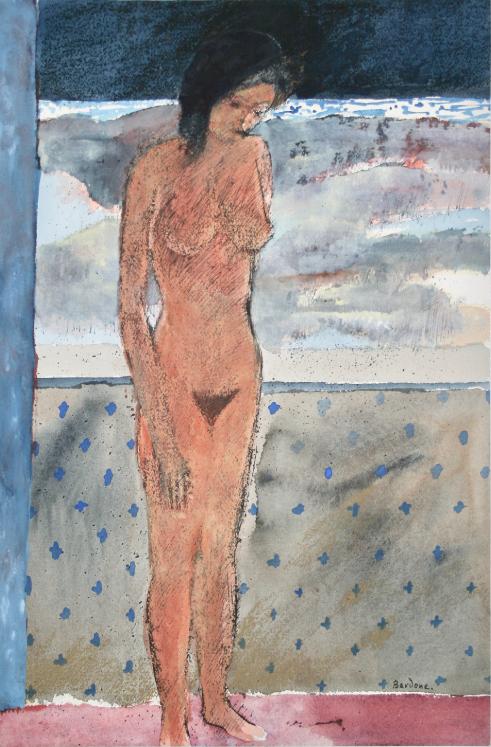 Guy Bardone - Original Painting - Watercolour - Naked facing the sea at low tide
