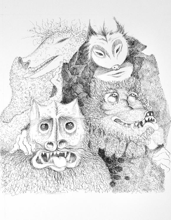 Jacques BOÉRI - Dessin original - Encre - Les animaux de la forêt