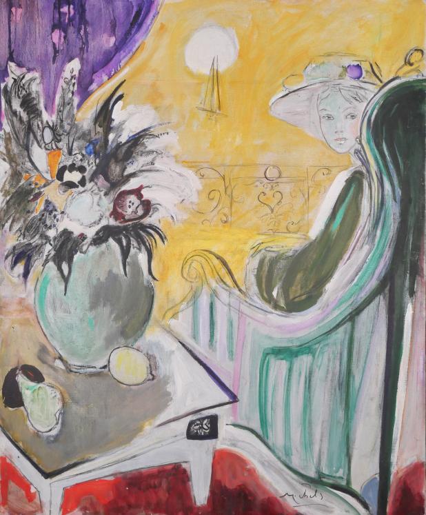 Janie Michels - Peinture originale - Huile - Femme au balcon