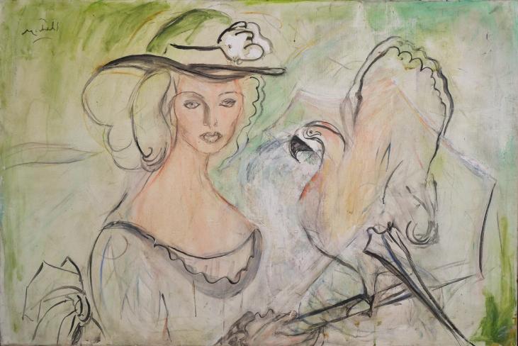 Janie Michels - Peinture originale - Huile - Élégante au perroquet