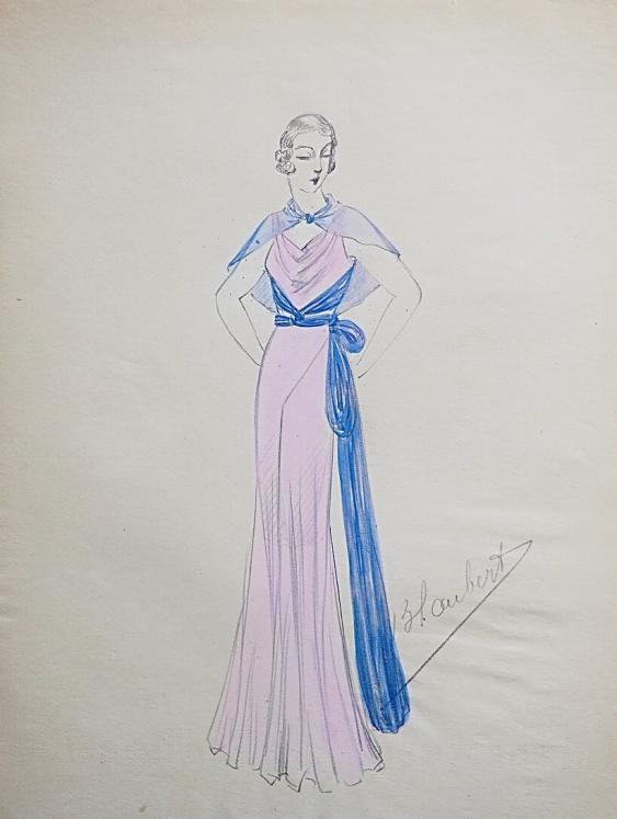 Atelier VIONNET - Dessin original - Crayon - Robe nouée bleu et rose 7
