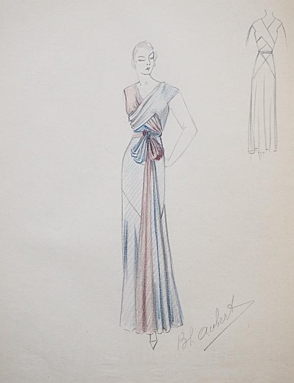Atelier VIONNET - Dessin original - Crayon - Robe ceinturée avec noeud bleu et rouge 124