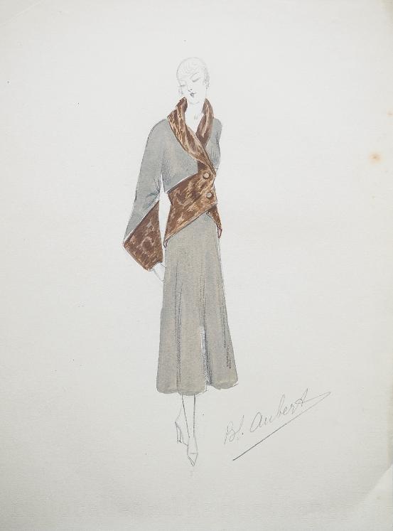 Atelier VIONNET - Dessin original - Crayon - Manteau à boutons et fourrure marron et gris 164