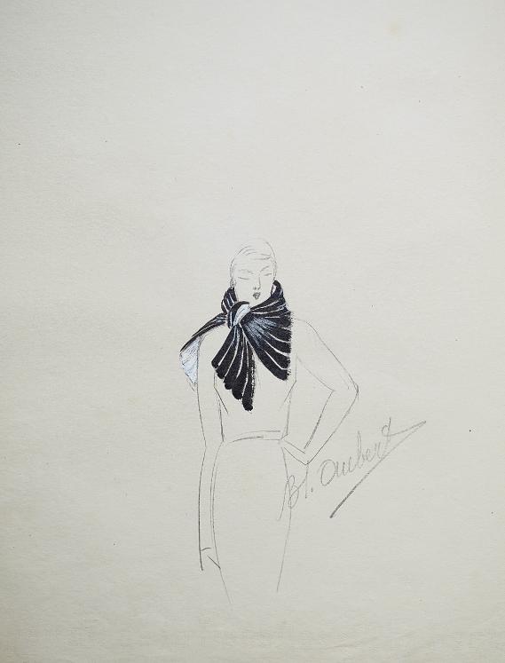 Atelier VIONNET - Dessin original - Crayon - Écharpe noire et blanche 241