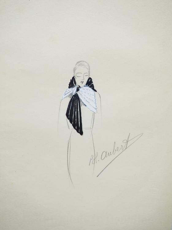 Atelier VIONNET - Dessin original - Crayon - Écharpe noire et blanche 245