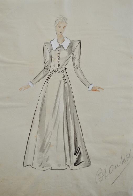 Atelier VIONNET - Dessin original - Crayon - Robe noire avec collerette blanche 271