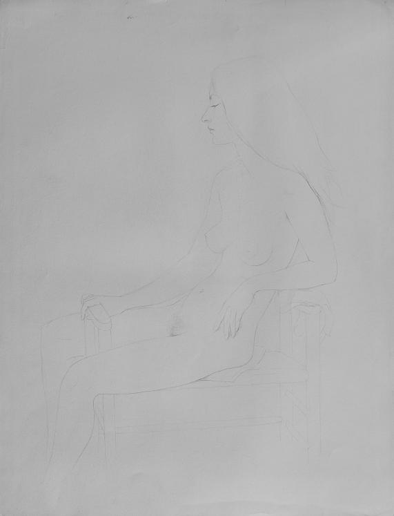 Janine JANET - Dessin original - Crayon - Femme nue assise