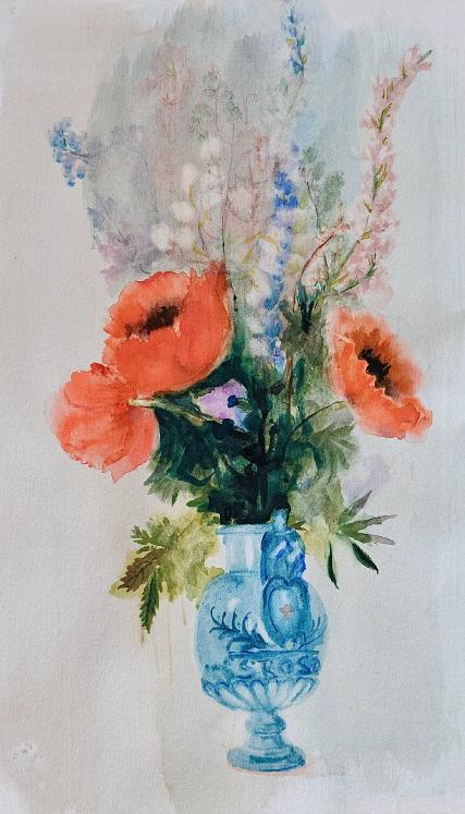 Janine JANET - Peinture originale - Aquarelle - Bouquet au vase bleu 1