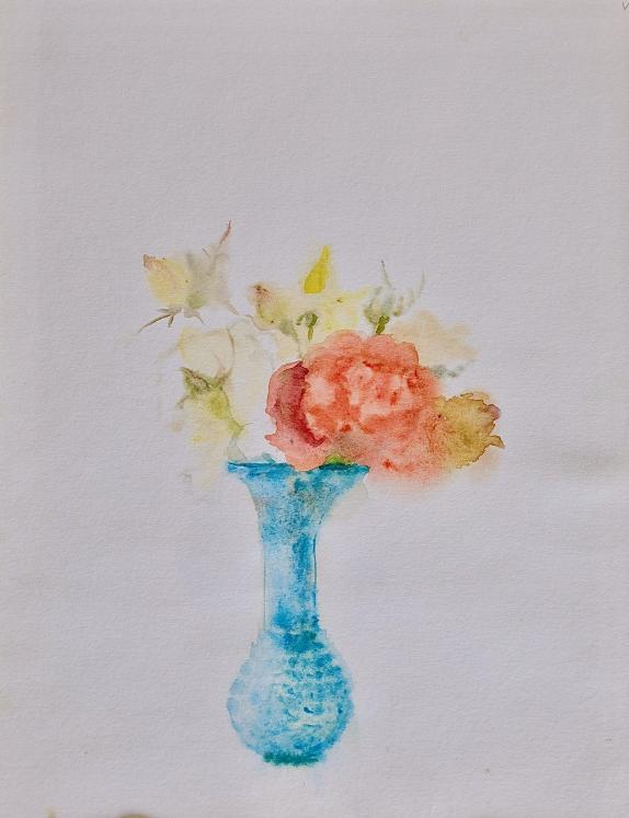 Janine JANET - Peinture originale - Aquarelle - Bouquet au vase bleu 2