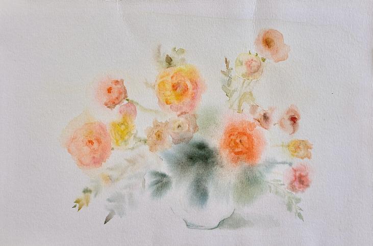 Janine JANET - Peinture originale - Aquarelle - Bouquet de fleurs jaune