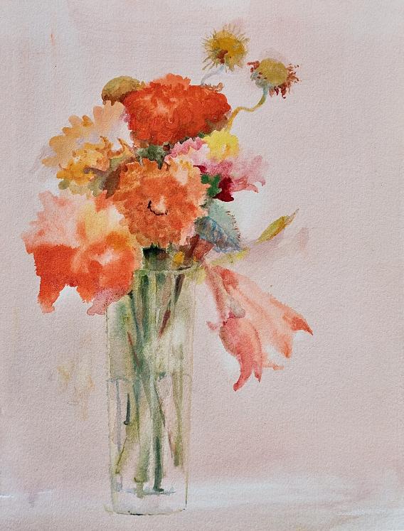 Janine JANET - Peinture originale - Aquarelle - Bouquet de fleurs rouges