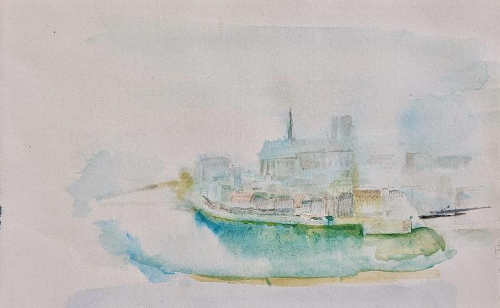 Janine JANET - Peinture originale - Aquarelle - Village au bord de l'eau 2