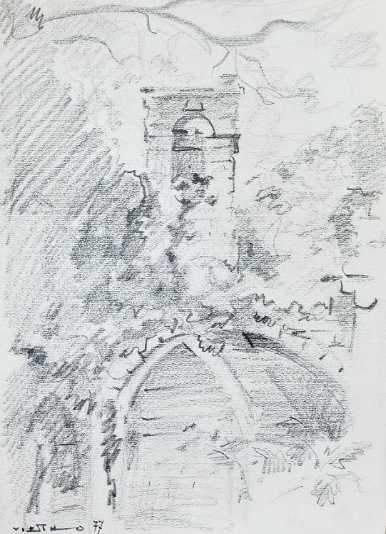 Claude VIETHO - Dessin original - Crayons - La tour à St Emilion 1