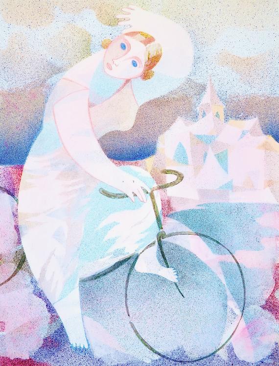 Jacques BOÉRI - Estampe originale - Cotechnigraphie - Femme au vélo 2