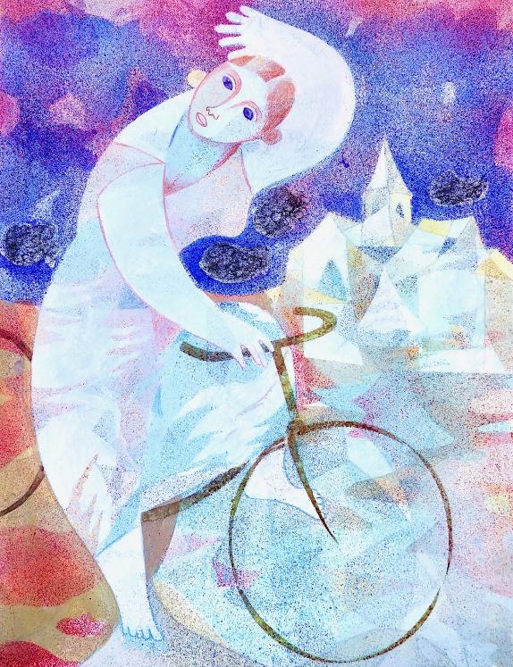 Jacques BOÉRI - Estampe originale - Cotechnigraphie - Femme au vélo 3