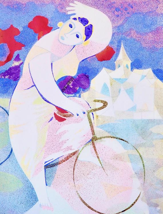 Jacques BOÉRI - Estampe originale - Cotechnigraphie - Femme au vélo 4