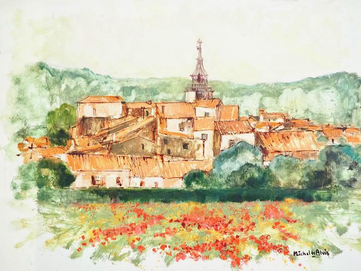 Michel DE ALVIS - Peinture Originale - Huile - Village vue du champ de coquelicots
