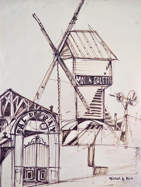 Michel DE ALVIS - Dessin original - Feutres - Le moulin de la galette 2