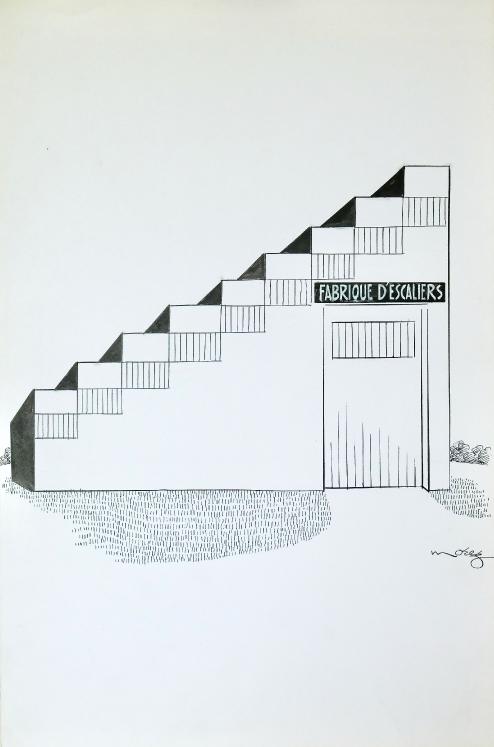 Henri MOREZ - Dessin Original - Encre - Fabrique d'escalier