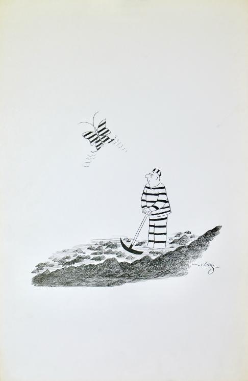 Henri MOREZ - Dessin Original - Encre - Le prisonnier et le papillon