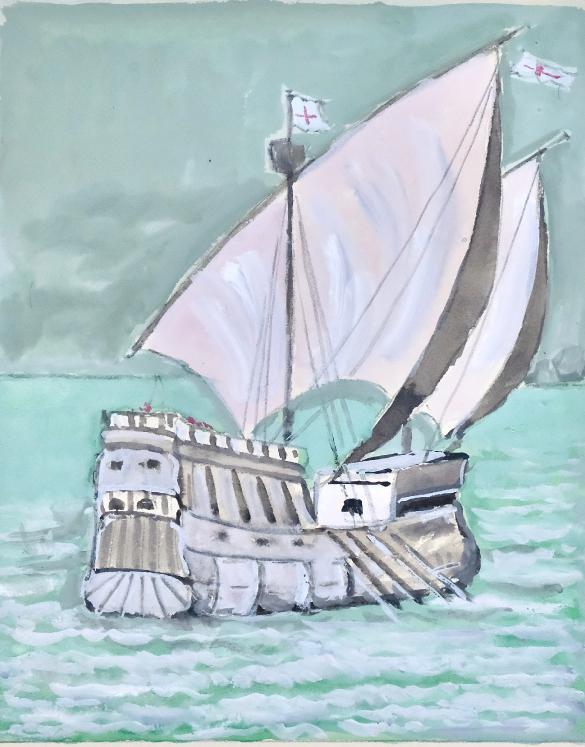 Armel DE WISMES - Peinture Originale - Gouache - Galion en mer