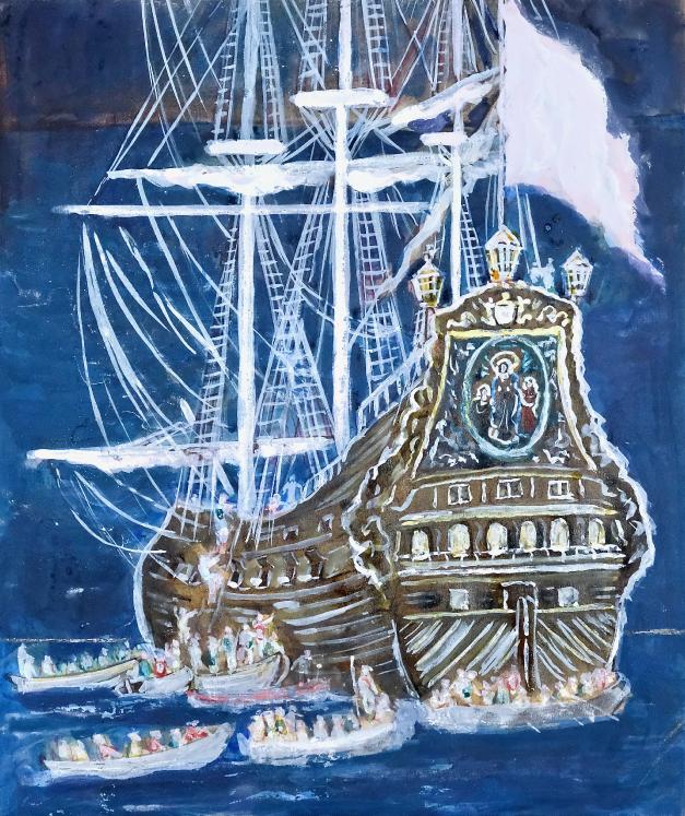 Armel DE WISMES - Peinture Originale - Gouache - L'embarquement à bord du galion