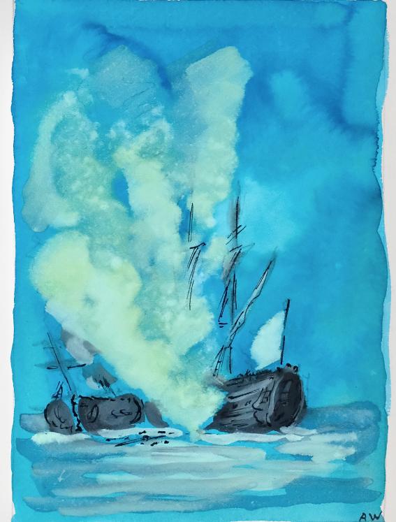 Armel DE WISMES - Peinture Originale - Aquarelle - Combat naval