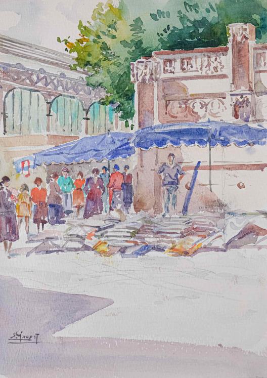 Etienne GAUDET - Peinture originale - Aquarelle - Marché à Blois