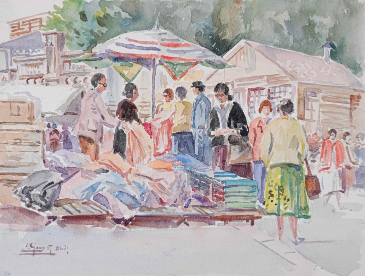 Etienne GAUDET - Peinture originale - Aquarelle - Marché de Blois