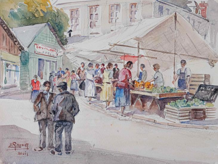 Etienne GAUDET - Peinture originale - Aquarelle - Marché à Blois